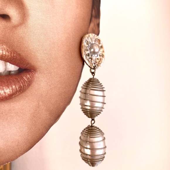 earrings vintage 3.5" long big pearls embellished engraved statement costume - Picture 7 of 9